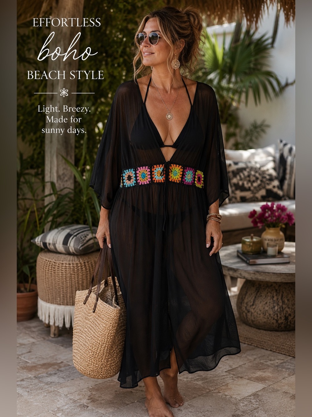 Black Mesh Crochet Granny Square Swim Cover Up Kaftan Beach Dress  Size 2X